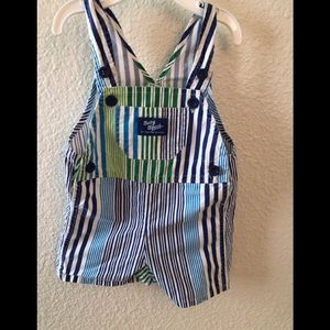 Vintage Oshkosh blue green white stripe shortalls. Size 3/6.